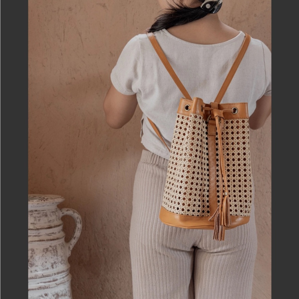Woven Rattan Drawstring Backpack - Tan - Picture 3 of 7